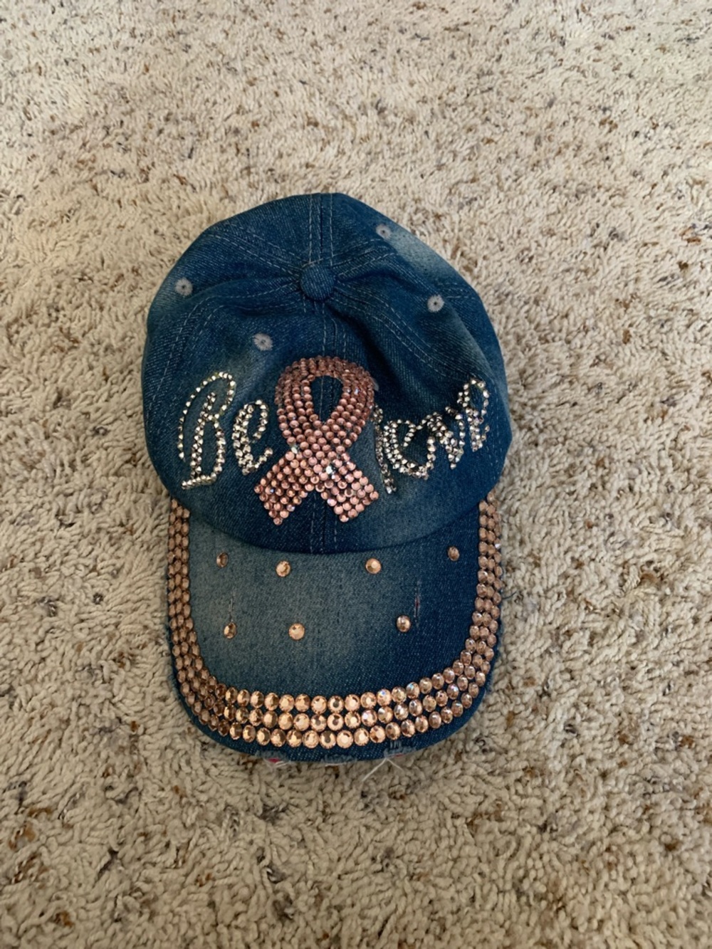 Believe Denim Baseball Cap with Pink Cancer Ribbon Crystal Accents